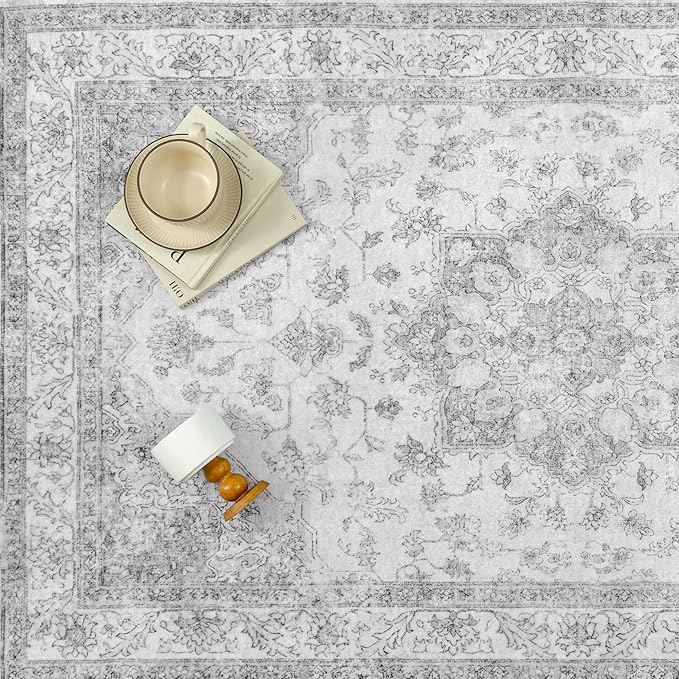 Gray Area Rug 4x5 Washable Vintage Carpet Entryway Office Soft Retro Kitchen Low Pile Thin Door Mat Non Slip Grey Oriental Medallion Throw Small Rug for Bathroom Bedroom Dining Living Room