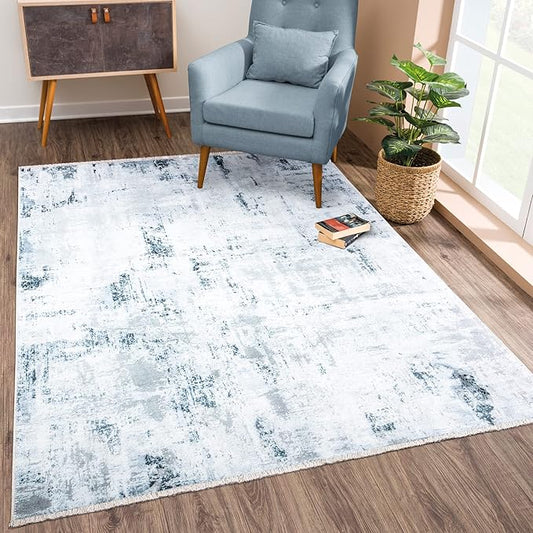 Bloom Rugs Caria Washable Non-Slip 5x7 Rug - Ivory/Silver/Blue Modern Abstract Area Rug for Living Room, Bedroom, Dining Room, and Kitchen - Exact Size: 5' x 7'