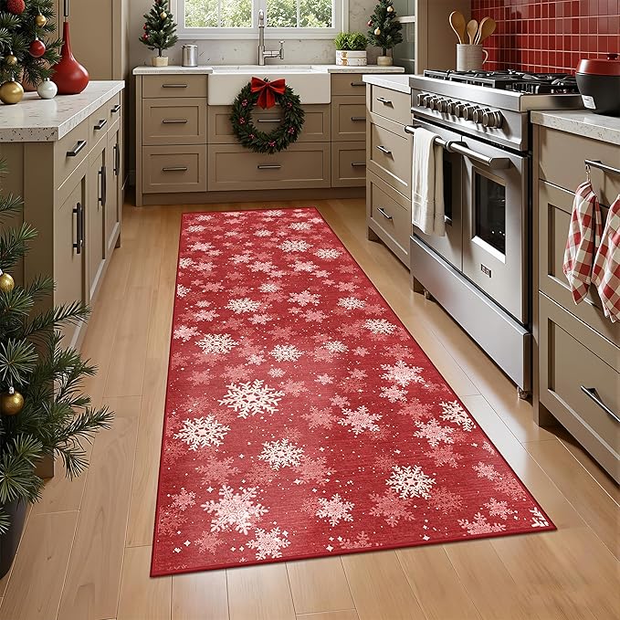 2x6 Runner Rug Non Slip for Entrance, Washable Christmas Kitchen Rugs, Ultra-Thin Snowflake Bathroom Rug Runner, Soft Red and White Christmas Decor Indoor(2'x6', Red/White)