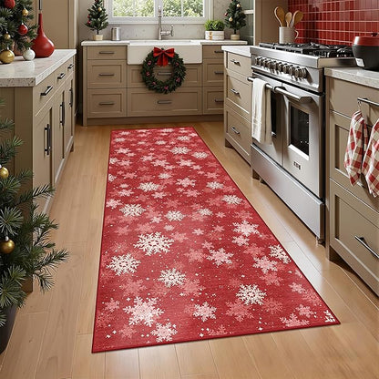 2x6 Runner Rug Non Slip for Entrance, Washable Christmas Kitchen Rugs, Ultra-Thin Snowflake Bathroom Rug Runner, Soft Red and White Christmas Decor Indoor(2'x6', Red/White)