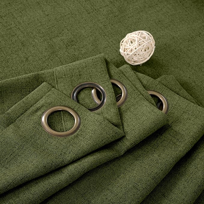 YoungsTex Olive Linen Curtains 40 Inch Length for Kitchen Window, Dark Green Short Light Filtering Drapes Semi Sheer with Bronze Grommet for Bathroom Windows, 2 Panels, 42 X 40 Inch