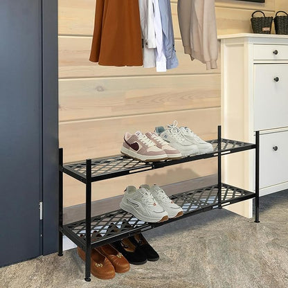 Shoe Rack For Closet, Expandable Shoes Organizer Metal Shelf Stand, 2 Tier Stackable Long Shoe Storage Holder For Floor, Entryway, Garage, Bedroom, Door Entrance For 12-18 Pairs, 45.6 inches Black
