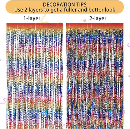 3 Pack Colorful Foil Fringe Curtain Backdrop - 6.6 x 3.3 ft Wavy Rainbow Tinsel Backdrop Curtain Metallic Streamers Iridescent Holiday Photo Booth Party Decorations