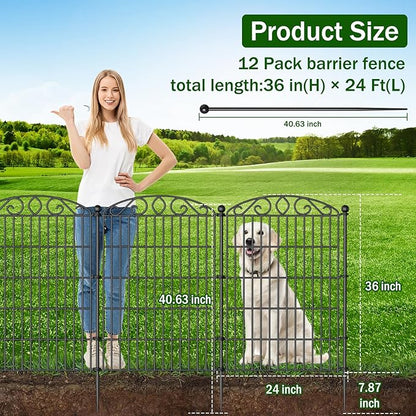 12 Panel Garden Fence with Gate - 36in H x 24ft L, No Dig Rustproof Metal Tall Animal Barrier for Dogs Rabbits, Decorative Outdoor Border for Yard, Patio, and Flower Beds