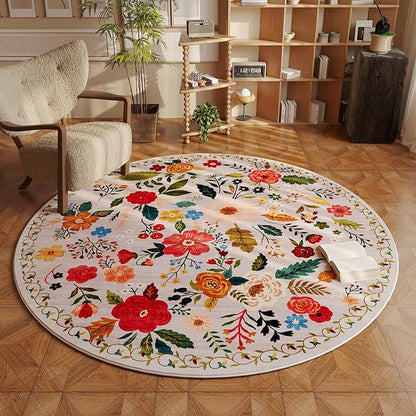 Rugcomf Round Rug 4ft Washable Circle Rug Non Slip Low Pile Boho Floral Small Circular Rug for Bedroom, Bathroom, Entryway, Kids Room, Office, College Dorm(Beige)