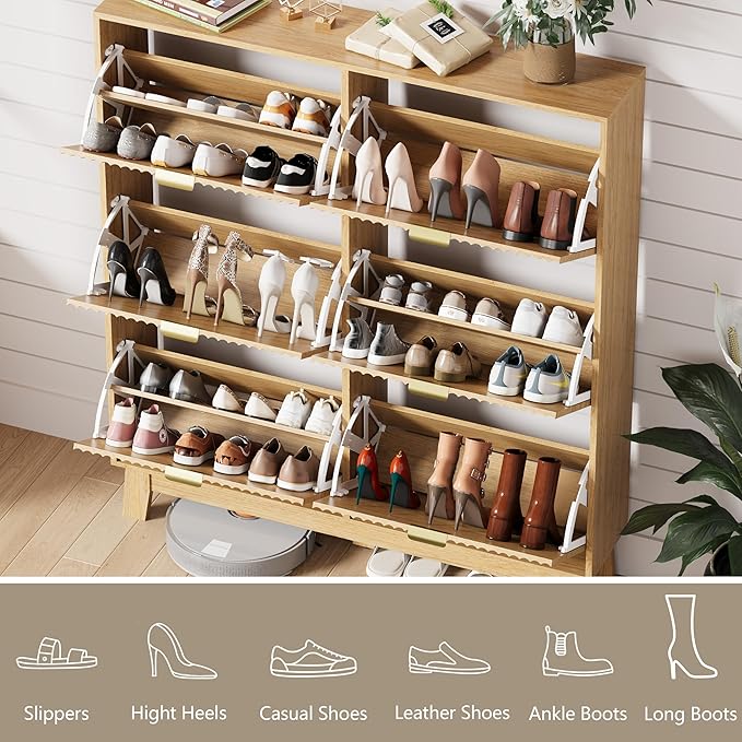 Shoe Cabinet Storage for Entryway with 6 Flip Drawers, Fluted Narrow Shoe Organizer with Wooden Legs, Freestanding Slim Shoe Storage Hidden Shoe Rack Organizer for Front Door Entrance, Oak