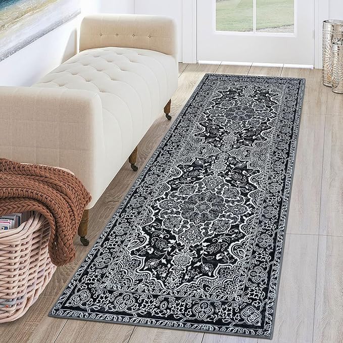 KUTA Runners for Hallways 2x6 Black, Vintage Floral Kitchen Rugs Non-Slip Washable Runner Soft Printed Retro Distressed Flower Entryway Carpet for Bedroom Laundry Nursery