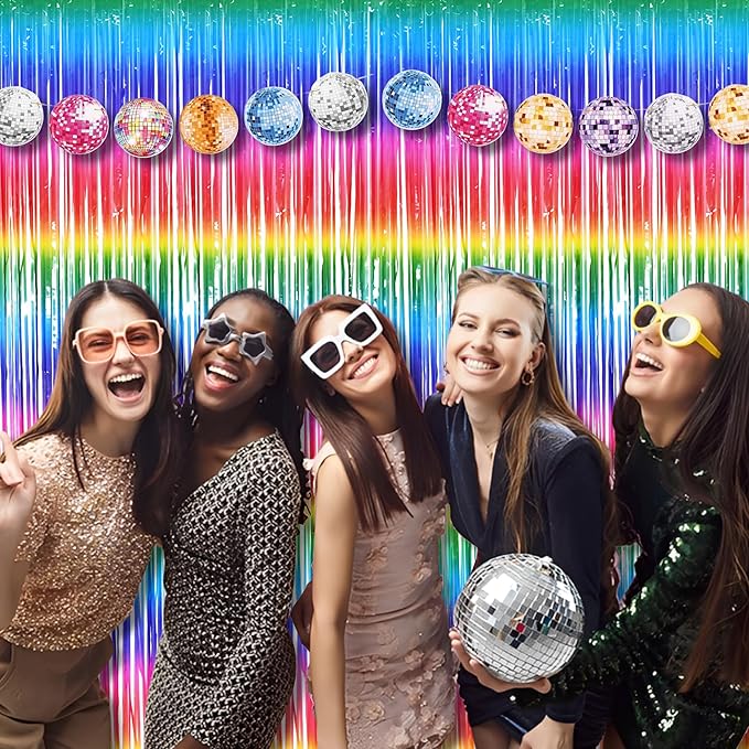 BRAVESHINE Tinsel Foil Curtains - 2 Pack Colorful Party Streamers Fringe Backdrop for Christmas/New Years/Doorway/80s/90s/Dance/Bachelorette/Engagement/Rainbows-theme/Candy/Birthdays Decorations
