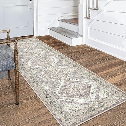 KUTA Oriental Washable Runner Rug, 2.6x8 Runners for Hallways Non-Slip Vintage Ivory Grey Yellow Brown Kitchen Runners Ultra Soft Printed Distressed Tribal 8ft Floor Carpet Rugs for Stairway Bedroom