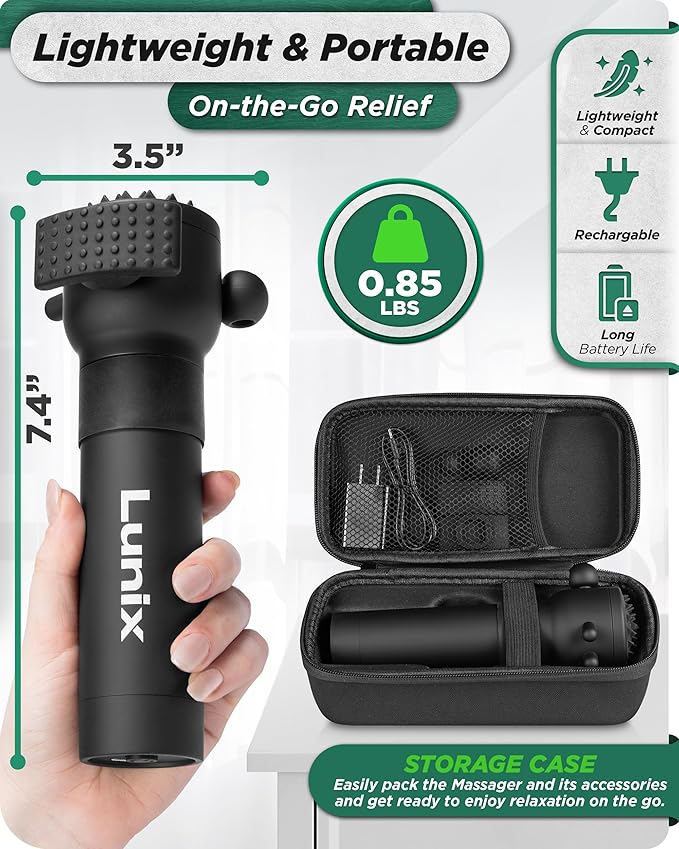 Lunix LX28 Deep Tissue Massage Gun, Portable Handheld Vibration Massager for Neck, Back & Legs, 7 Heads & 4 Speeds, Rechargeable, Lightweight Full Body Muscle Therapy