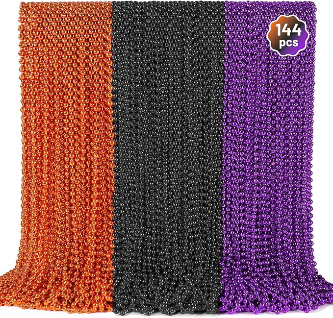 YAXINRUI 144 PCS Halloween Beads Necklaces, Purple Black Orange Party Beads 33'' Halloween Necklaces Party Stuff for Halloween Trick or Treat Decorations