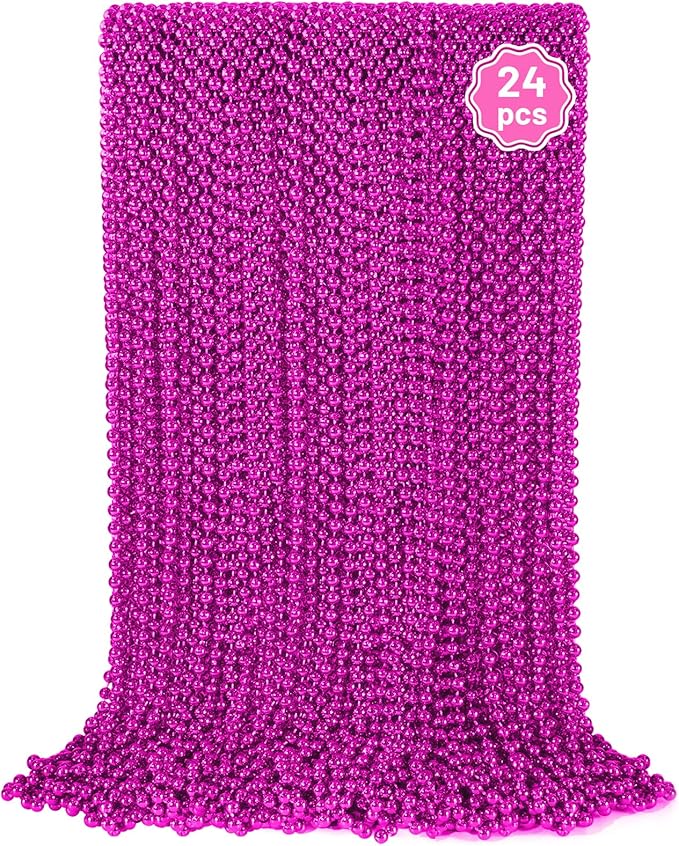 YAXINRUI 24 PCS Hot Pink Bead Necklaces, Pink Mardi Gras Beads, Cancer Awareness Beads Necklaces, Valentine Necklace, 33 Inch Round Party for Mardi Gras Christmas Cancer Awareness Month Events