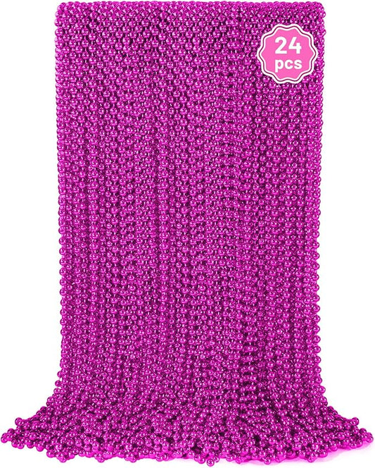 YAXINRUI 24 PCS Hot Pink Bead Necklaces, Pink Mardi Gras Beads, Cancer Awareness Beads Necklaces, Valentine Necklace, 33 Inch Round Party for Mardi Gras Christmas Cancer Awareness Month Events