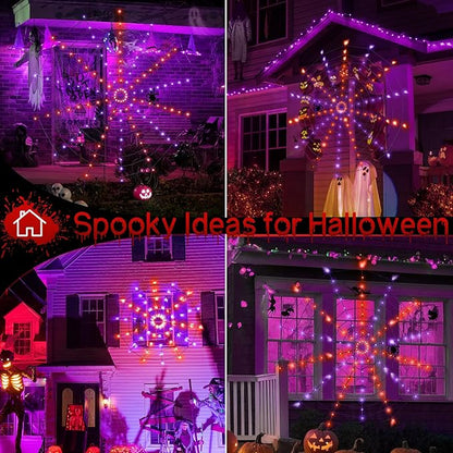 Ollny Spider Web Decoration 6.6FT 126 LED, Orange and Purple Halloween Lights with Black Spider Battery Powered 8 Modes Timer, Waterproof Cobweb String Light for Outdoor Indoor House Yard Party