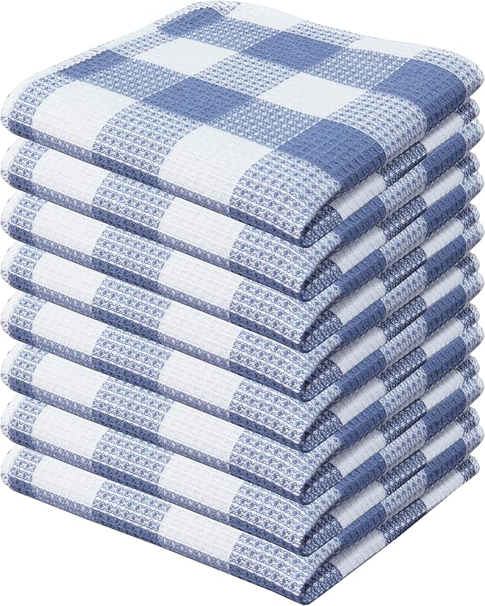 Waffle Weave Plaid Dish Cloths, 100% Cotton - 12 x 12 Inches, Ultra Soft Absorbent Quick Drying Dish Towels Buffalo Check Dish Rags for Kitchen, 8 Pack -Fall Thanksgiving- Smoky Grey and White