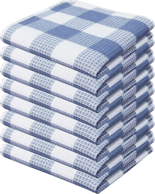 Waffle Weave Plaid Dish Cloths, 100% Cotton - 12 x 12 Inches, Ultra Soft Absorbent Quick Drying Dish Towels Buffalo Check Dish Rags for Kitchen, 8 Pack -Fall Thanksgiving- Smoky Grey and White