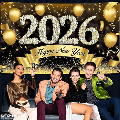 Katchon, Xtralarge Happy New Year Banner - 72x44 Inch | Happy New Year 2026 Banner for New Years Decorations 2026 | New Years Backdrop for New Years Eve Party Supplies 2026 | NYE Decorations 2026