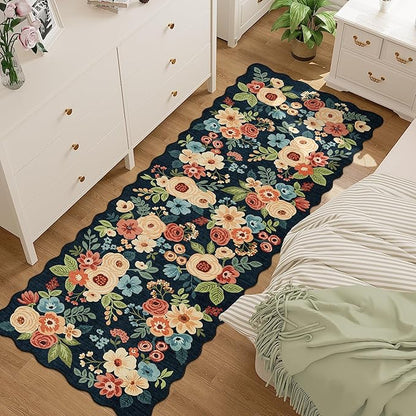 DUKINO 2x6 Runner Rug for Hallway, Washable Kitchen Rug with Non Slip Backing & Non-Shediing, Soft Low Pile Floral Design Runner for Bedroom, Kithchen, Living Room, Laundry, Bathroom, Navy Blue