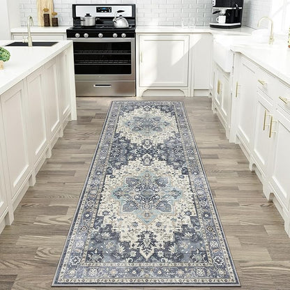 GENIMO 2x6 Runner Rugs for Hallway, Machine Washable Non Slip Vintage Rugs, Low Pile Lightweight Soft Print Rug for enrtyway, Corridor, Home Office, Kitchen, Center Blue