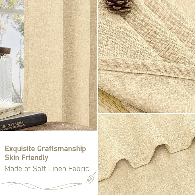LAMIT 72 Inch Length Linen Curtains for Living Room 2 Panels, Thick Privacy Window Drapes Grommet Light Filtering Panels for Bedroom/Office/Farmhouse, Sand, 52 x 72 Inch