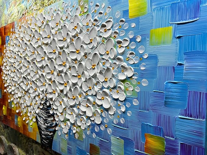 YaSheng Art- 3D Thick Texture White Floral Canvas Wall Art Oil Painting on Canvas Handmade Abstract Floral vase Artwork Home Modern bedroom Dining Room Office Decor Wall Art Ready to Hang 24x48
