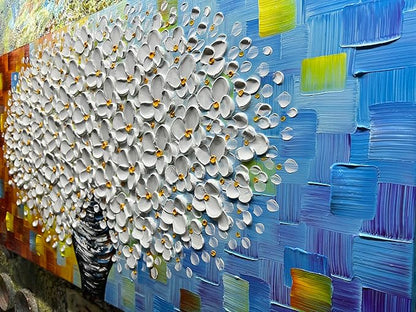 YaSheng Art- 3D Thick Texture White Floral Canvas Wall Art Oil Painting on Canvas Handmade Abstract Floral vase Artwork Home Modern bedroom Dining Room Office Decor Wall Art Ready to Hang 24x48