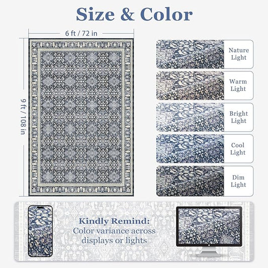 Dark Blue Area Rug 6x9, Boho Floral Moroccan Trellis Printed Transitional Style Rugs for Living Room Bedroom, Washable Non Slip Low Pile Thin Carpet Rug for Dining Room Guest Room Home Office
