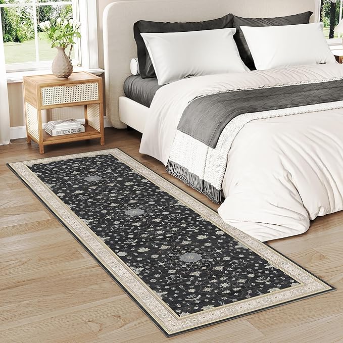 Washable 2x6 Runner Rugs for Kitchen Hallway,Black Boho Rug for Bedroom Bedside Laundry Room Bathroom Rug, Non Slip Low Pile Soft 24 x 72 Floor Modern Carpet, Black/Gold