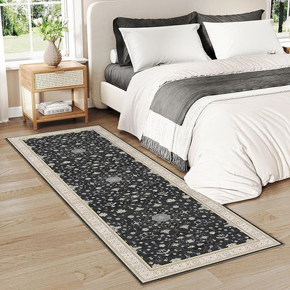 Washable 2x6 Runner Rugs for Kitchen Hallway,Black Boho Rug for Bedroom Bedside Laundry Room Bathroom Rug, Non Slip Low Pile Soft 24 x 72 Floor Modern Carpet, Black/Gold