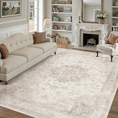 Beige Area Rug 10x12 Washable Living Room Carpet Vintage Non Slip Soft Bedroom Indoor Office Retro Low Pile Thin Oriental Medallion Large Rug for Dining Room Bathroom Playroom