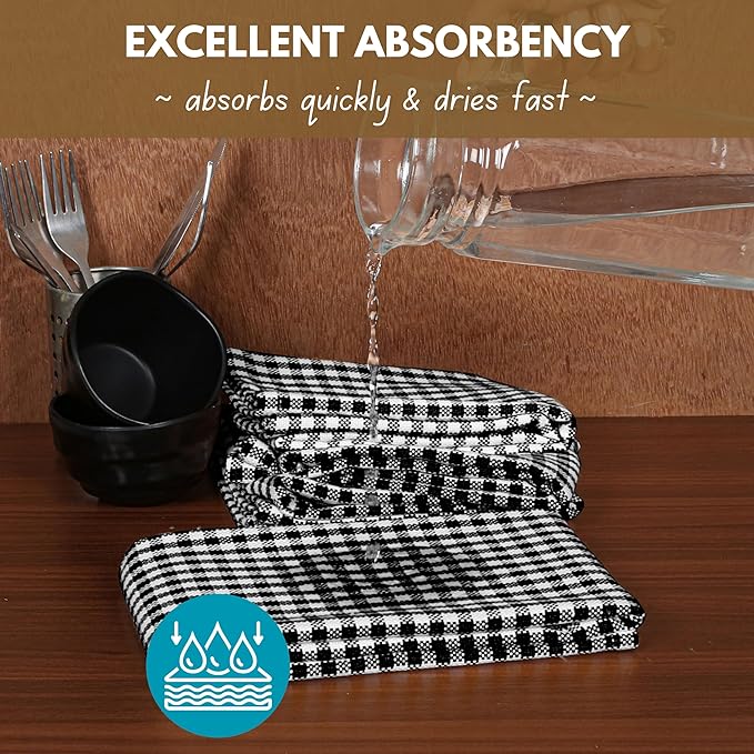 Native Fab 6 Pack Gingham Mini Check Kitchen Hand Towels Set - 100% Cotton Absorbent Reusable Dishcloths 16"x26" - Quick Drying Dish Towels with Hanging Loops for Kitchen, Black White