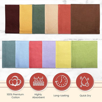 Vintage Vista 100% Cotton Waffle Dish Cloths (Pack of 12) - Dish Rags for Washing Dishes - Reusable & Highly Absorbent Kitchen Towels - Kitchen Rags for Christmas - (12" x 12" - Multicolor I)