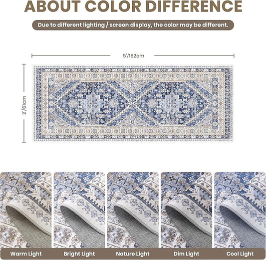 zesthome Runner Rug 2x5 - Stain Resistant Machine Washable Rug, Non Slip Vintage Hallway Runner Rugs, Low Pile Lightweight Runners for Kitchen, Entryway and Corridor