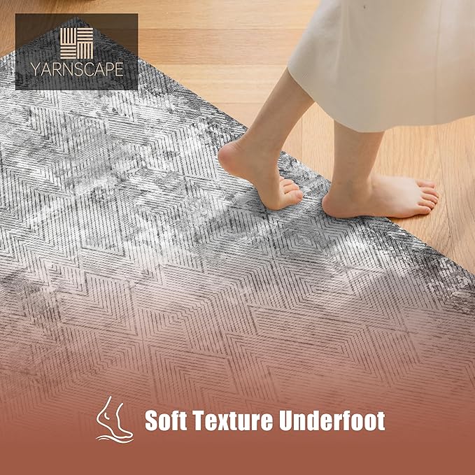 4' x 6' Washable Area Rug - Low Pile Soft Vintage Indoor Rug for Living, Dining or Bedroom - Lightweight Carpet with Non-Slip Backing - Foldable for Easy Placement, Grey