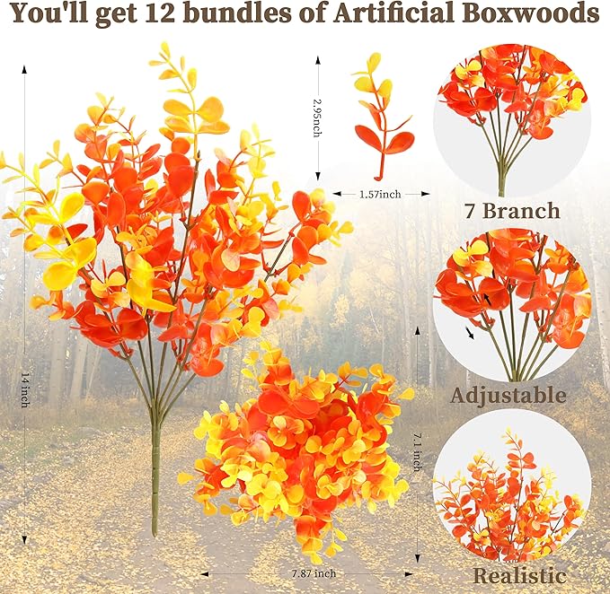 12 Bundles Eucalyptus Leaves Boxwood Artificial Mums for Outdoors/Indoors, Faux Mums for Outdoor Planters, Fall Fake Flowers for Decoration Garden Porch Window Home Farmhouse(Orange Eucalyptus)