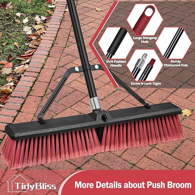 24” Push Broom Outdoor Heavy Duty, Large Commercial Stiff Bristle Brush with 63 inches Long Handle for Garage Shop Garden Yard Patio Deck Street Warehouse Lawn Driveway (Red)