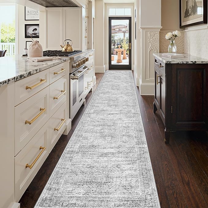 3x14 Washable Runner Rug for Hallway, Non-Slip Long Hallway Runner for Entryway, Soft Vintage Kitchen Mats for Floor, Abstract Dining Room, Bedroom, Living Room Rugs(3'x14', Grey/Ivory)