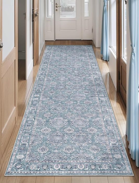 SERISSA Boho Washable Runner Rug, 2'6"x8' Non-Slip Vintage Floral Hallway Kitchen Runner Rug Ultra Soft Print Distressed Blue Grey Floor Carpet for Bedroom Bathroom Laundry Room