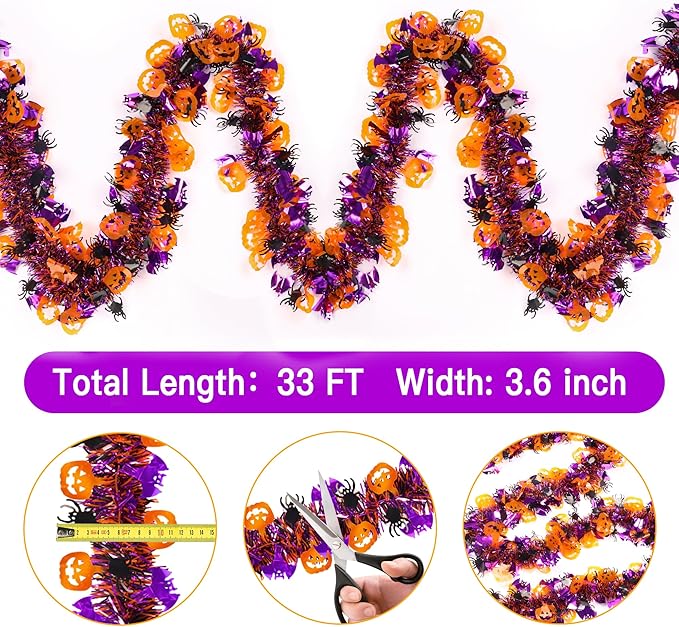 33FT Spooky Halloween Tinsel Garland with Pumpkin Bat Spider Ornament, Shiny Metallic Twist Garland Outdoor Indoor Halloween Decorations for Home Table Office Classroom Fireplace Party Decor