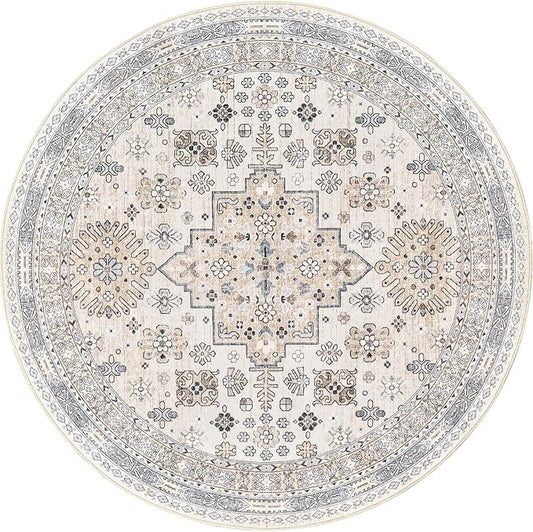 zesthome Washable Round Rug - 5ft Ultra-Thin Circle Area Rugs, Vintage Non-Slip Low Pile Rug for Living Room, Stain Resistant Rug for Bedroom, Entryway, Kitchen, Nursery