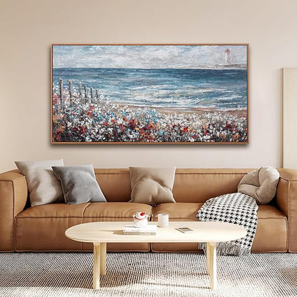 Wall Art Decor Wall Canvas Painting Blue Sea Colorful flowers Landscape Decor Framed For Living Room Bedroom Dining Room Home Office Modern Artwork Home Decoration 24" x 48"