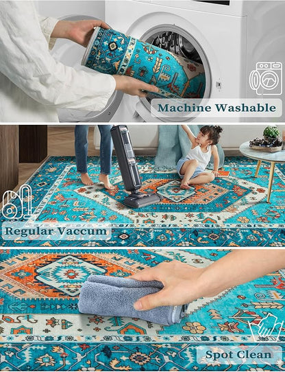 SERISSA Boho Washable Runner Rug, 2'6"x10' Rug Runner Non-Slip Vintage Blue Hallway Kitchen Runner Rug Ultra Soft Print Distressed Tribal Floor Carpet Runner for Bedroom Bathroom Laundry Room