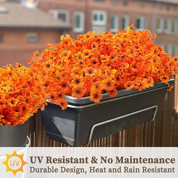 18 Bundles Artificial Mums for Outdoors/Indoors Faux Mums for Outdoor Planters, Eucalyptus Leaves Fall Flowers Artificial for Decoration Boxwood Garden Porch Window Home Wedding(Orange)