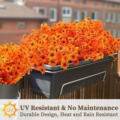 18 Bundles Artificial Mums for Outdoors/Indoors Faux Mums for Outdoor Planters, Eucalyptus Leaves Fall Flowers Artificial for Decoration Boxwood Garden Porch Window Home Wedding(Orange)