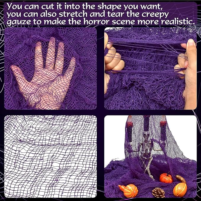 Legigo 6 Pack Halloween Creepy Cloths Cheesecloths, Spooky Black Mesh Fabric Cheese Cloths for Crafts, Scary Gauze Fabric for Party Supplies Home Wall Doorway Outdoor Yard Decor(Black,White,Purple)