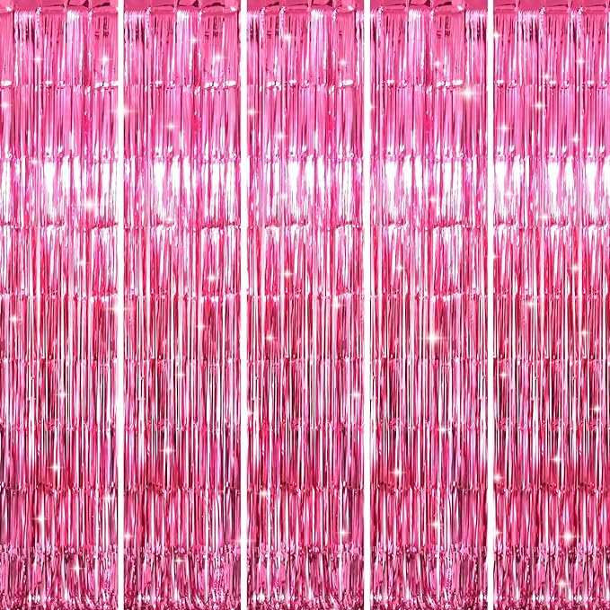 GOER 3.2 ft x 8.2 ft Metallic Tinsel Foil Fringe Curtains Party Photo Backdrop Party Streamers for Galentines Day,Birthday,Graduation,New Year Eve Decorations Wedding Decor (5 Packs,Hot Pink)