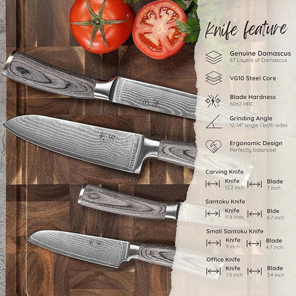 Wakoli EDIS Damascus 4-Piece Knife Set – Japanese Style Kitchen Knives | Genuine Damascus Steel Blades with VG10 Core | Ergonomic Pakkawood Handles | Professional Chef Knife Set in Wooden Gift Box