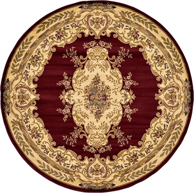 Rugs.com Chateau Collection Rug – 8 Ft Round Red Medium-Pile Rug Perfect for Kitchens, Dining Rooms