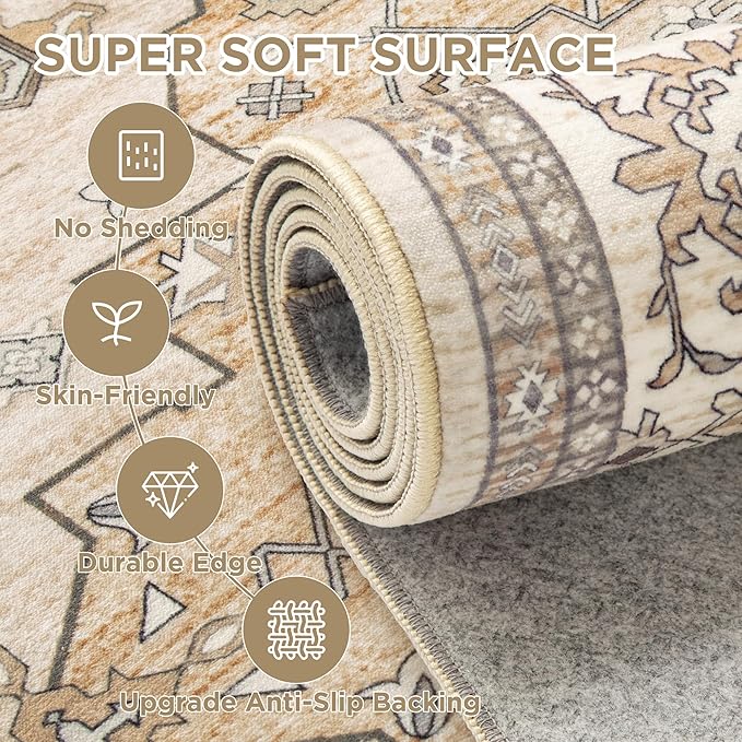 Large Rugs for Living Room, 8x10 Beige Washable Rug for Bedroom, Soft Boho Indoor Carpets, Big Modern Kids Room Rug, Non-Slip Low Pile Mat for Office Home Dining Room Christmas Decor,Beige/Gold