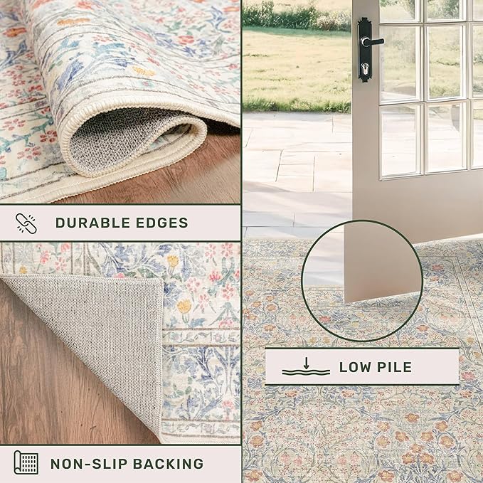 Floral 3x8 Wide Hallway Runner - Beige Blue with Lilic Accent, Boho Forest Decor, Washable Low Pile Non Slip Stain Resistant Rug for Long Kitchen, Large Bathroom, Hall Way